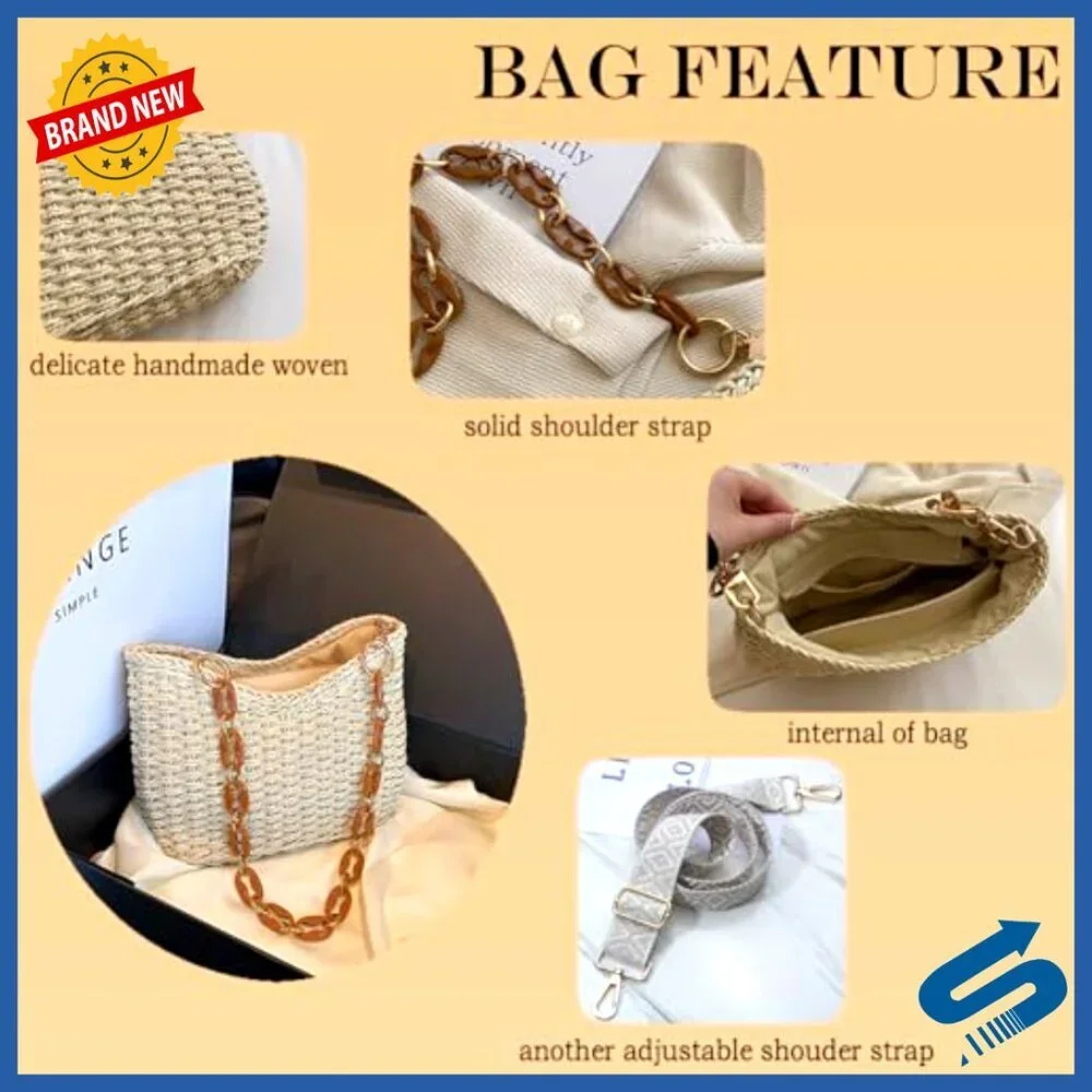 Handmade Woven Straw Crossbody Purse Boho Chic Beach Hobo Bag Zipper Closure